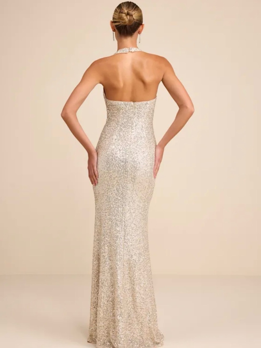 Lulus Velenia Champagne Sequin Halter Mermaid Maxi Dress Size Medium NEW W/ Tag - Picture 3 of 9